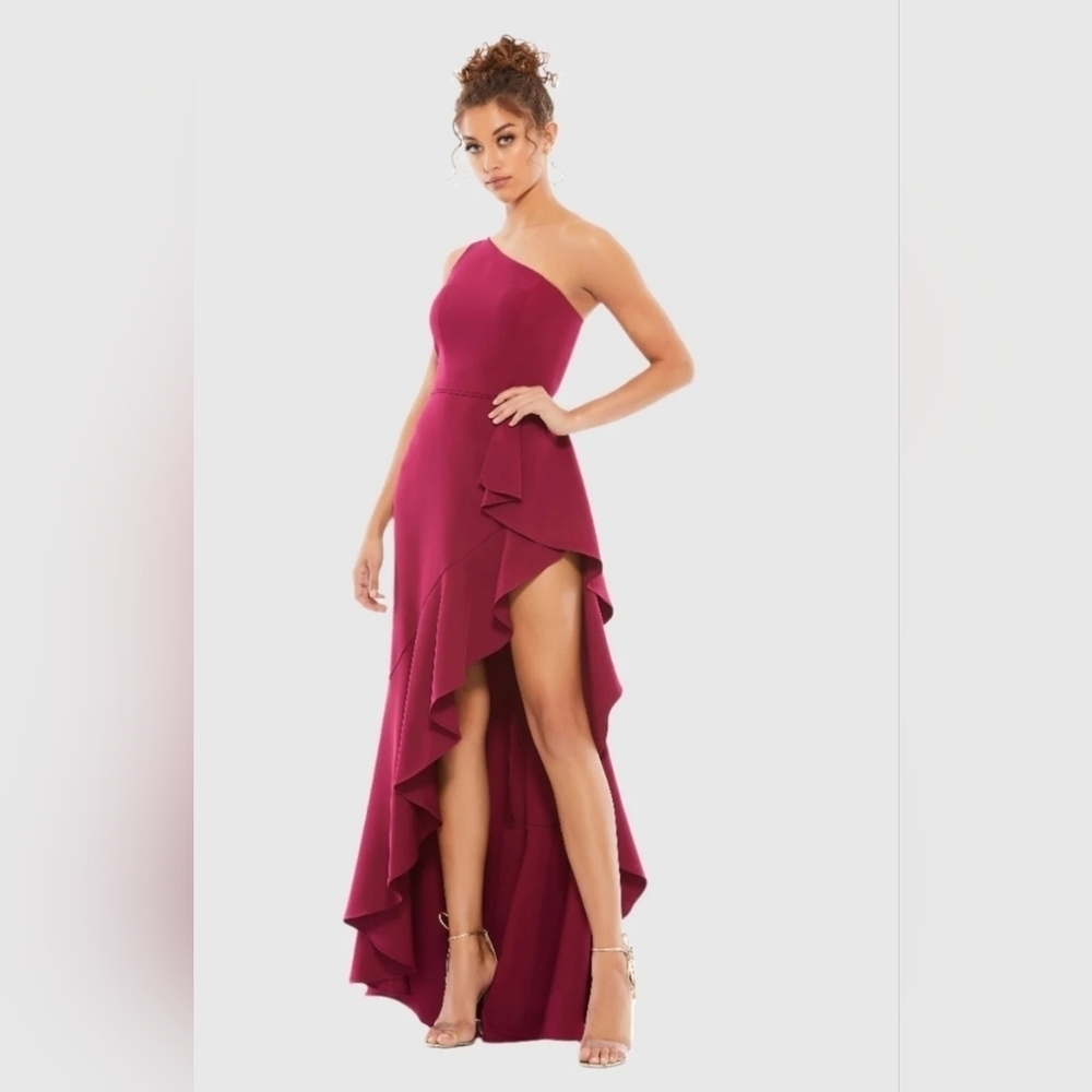 Ieena for Mac Duggal, One Shoulder High Slit Ruffle Gown,Berry, Size 2,MSRP $358